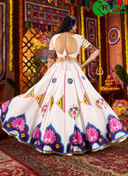 Divine White Color Fancy, Lace, Mirror and Print Work Silk Readymade Lehenga Choli